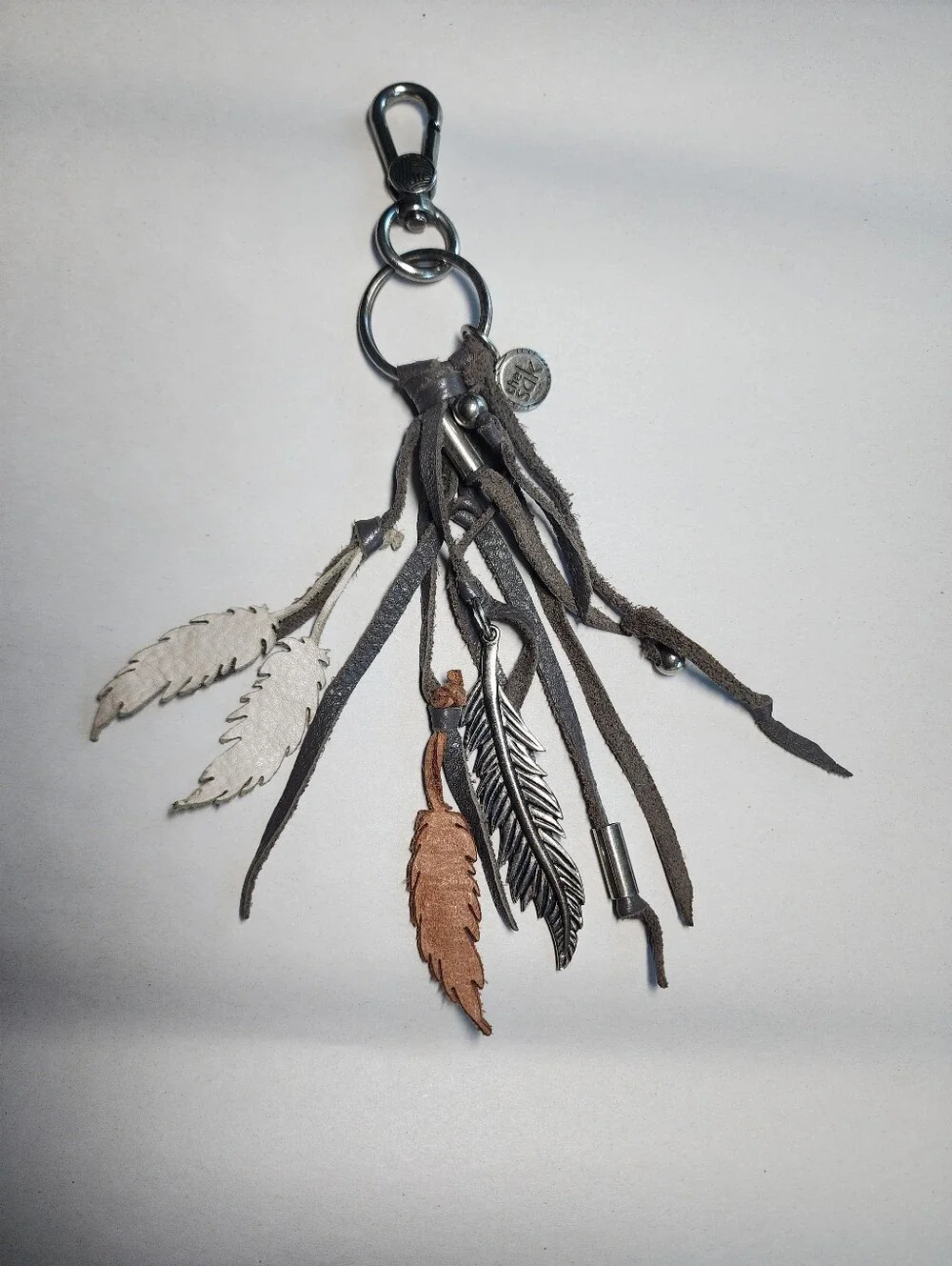 The Sak Leather Feather Tassel Keychain Charm Gray, White & Brown Bohemian
